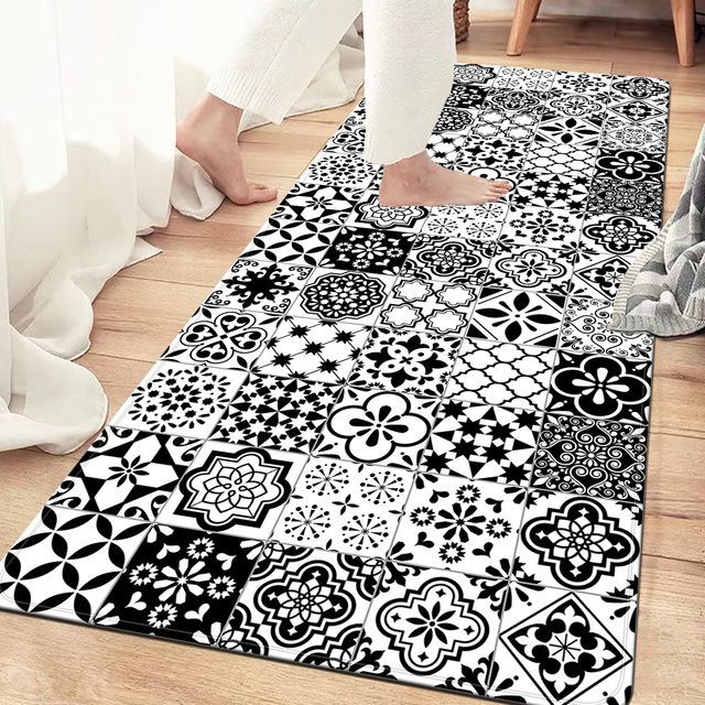 VIKAMA Mandala Patchwork Teppich in Schwarz, rutschfeste Boho Bodenteppich für Wohnzimmer, Schlafzimmer, Küche oder Badezimmer, B/T: 60 x 40 cm - Bild 1