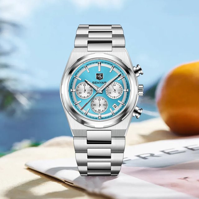 BENYAR Chronograph Armbanduhr, Quarz, Edelstahl, Blau, Herren - Bild 1