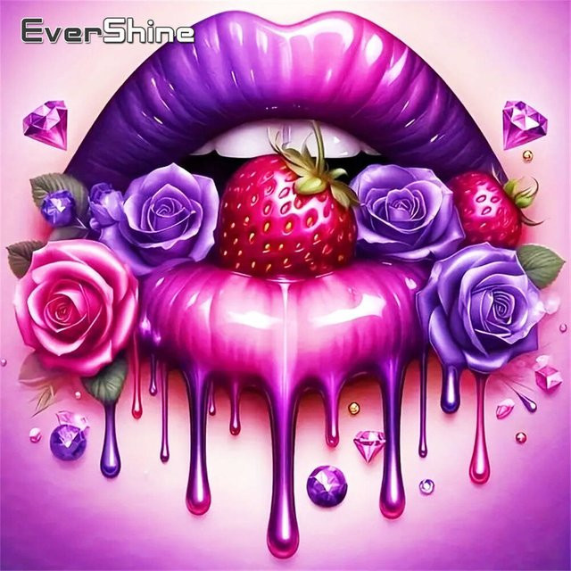 EverShine 5D DIY Diamantmosaik Porträt Mund mit Erdbeere und Rose als Kreuzstich Stickerei Set, Multicolor, B/H: 20 x 20 cm - Bild 1