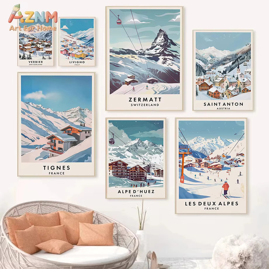 AZNM Vintage Europäisches Skiresort Reiseplakat als Leinwand Wandkunst mit Berglandschaft Druck in Mehrfarbig - Bild 2