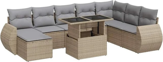 vidaXL 9-tlg. Garten-Sofagarnitur in L-Form aus Poly-Rattan mit Kissen in Beige-Grau - Bild 1