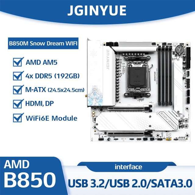 JGINYUE B850M Snow Dream WIFI Motherboard Sockel AM5 in Weiß mit DDR5-Unterstützung für Ryzen 9000/8000/7000 Serie - Bild 1