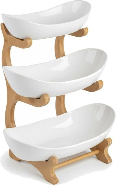 Relaxdays Obst Etagere aus Bambus in Natur und Weiß mit 3 Etagen, B/T/H: 34 x 25 x 10 cm - Bild 1