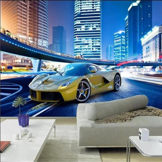 KOMNNI 3D Wandbild Stadt Nachtlandschaft mit gelbem Auto, moderne Tapete aus Seidenmaterial, B: 200 cm, H: 140 cm - Bild 1
