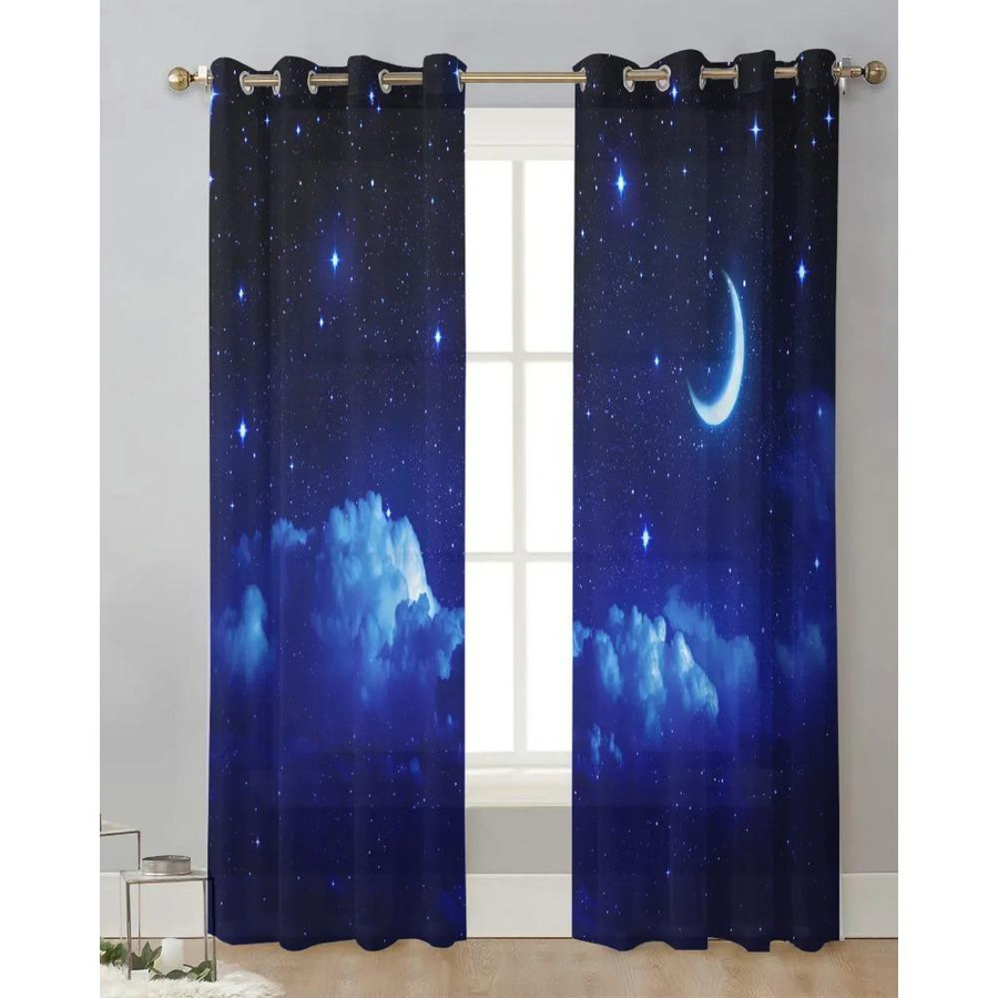 Yiran Furniture Transparent Voile-Vorhang mit Nachthimmel-Motiv aus Sternen und Mond, Breite: 135 cm, Höhe: 115 cm - Bild 1