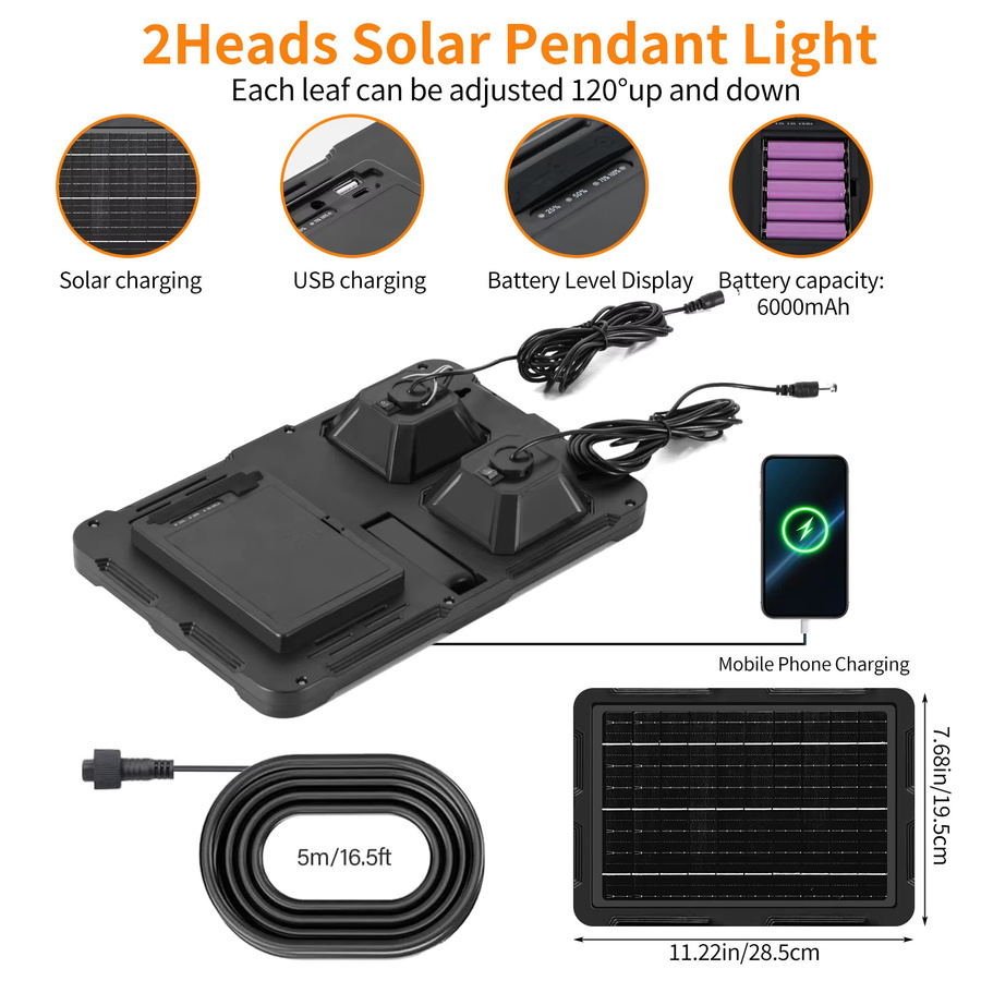 YQCHEZI 2-Kopf Solar-Pendelleuchte in Schwarz mit warmweißem LED-Licht und USB-Aufladung für Außenbereich und Garten - Bild 3
