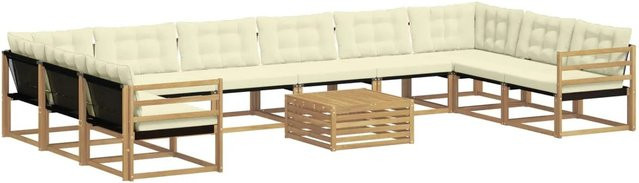 vidaXL Outdoor-Sofagarnitur aus Akazienholz in U-Form mit Textilene-Bezug und Kissen, 11-teilig, Weiß und Beige - Bild 1