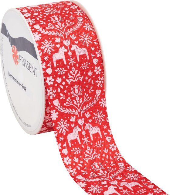 Präsent Taftband Nordic Winter in Rot mit Schneeflocken und Ornamenten aus Polyester - Bild 1