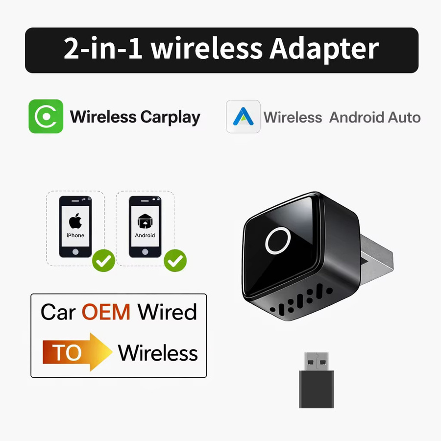 AUTOABC 2-in-1 CarPlay und Android Auto Adapter, kabelloser Dongle mit 5GHz WLAN, USB-C und USB-A, Schwarz - Bild 2