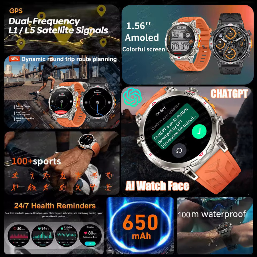GUHUAVMI Militär-GPS-Sport-Smartwatch für Herren mit AMOLED-Bildschirm, Kompass, Höhenmesser, 10ATM Wasserdichtigkeit und drahtloser Anruffunktion in Orange oder Schwarz - Bild 2