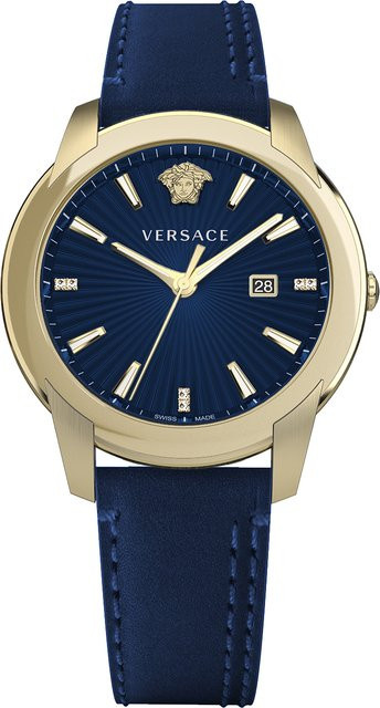 Versace Herrenuhr, Quarz, Edelstahl, Leder, Blau, 42 mm, 3 ATM - Bild 1