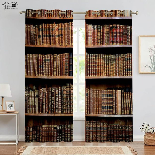 2er-Set Retro Vorhänge mit 3D-Bücherregal-Print, halbtransparent, braun, B: 50 cm, H: 130 cm - Bild 1