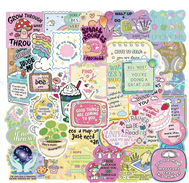 Rspctou Ästhetische Cartoon Aufkleber mit inspirierenden englischen Sprüchen in Multicolour für Notizbuch, Handy und Schreibwaren - Bild 1