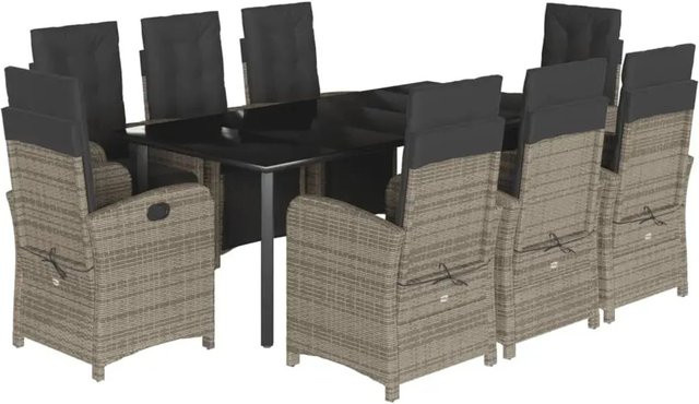 vidaXL 9-teilige Garten-Essgruppe aus Poly-Rattan mit Kissen in Grau und Hartglas-Tischplatte - Bild 1