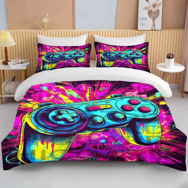 Buntes Bettwäsche-Set mit Videospiel-Controller-Muster, 3-teilig, Multicolor, B/H: 135 x 200 cm - Bild 1