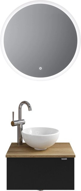 Pelipal Badmöbel-Set Serie 6915 in Schwarz Matt und Riviera Eiche mit Waschtischunterschrank, Waschtischplatte, Keramik Aufsatzbecken und Funktionsspiegel mit LED-Beleuchtung und Sensor-Schalter - Bild 1
