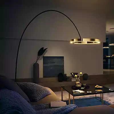 Occhio Mito Largo Lusso LED Bogenleuchte mit Kopf in Roségold, braunem Leder und braunem Marmorfuss - Bild 1