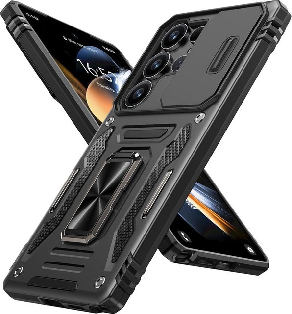 Samsung Faltbare Standhülle mit Panzergestell für Samsung Galaxy S26 S25 S24 S23 Plus Ultra, Sturzsicher nach Militärstandard mit Schiebeobjektivschutz, Schwarz - Bild 1