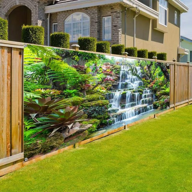 Grüner Wandteppich mit tropischer Wasserfall-Landschaft als Wandbehang für Garten und Party, B: 210 cm, H: 150 cm - Bild 1