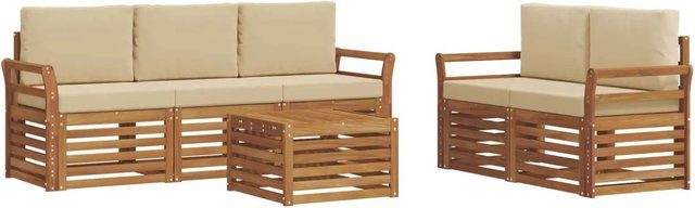 vidaXL 6-teilige Sofagarnitur aus Massivholz Akazie in Natur und Beige mit Tisch und Polstern - Bild 1
