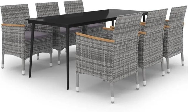 vidaXL 7-teilige Garten-Essgruppe aus Poly-Rattan mit Glasplatte und Kissen in Grau und Schwarz - Bild 1