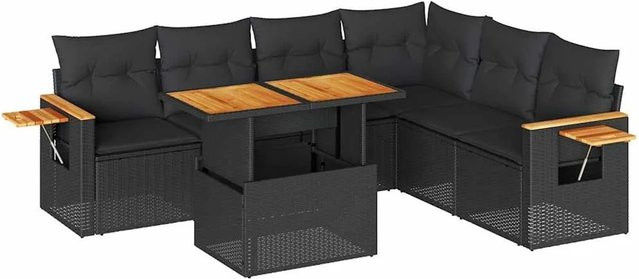 vidaXL 7-teilige Garten-Sofagarnitur in L-Form mit Tisch und Kissen, Schwarz, PE-Rattan und Akazienholz - Bild 1
