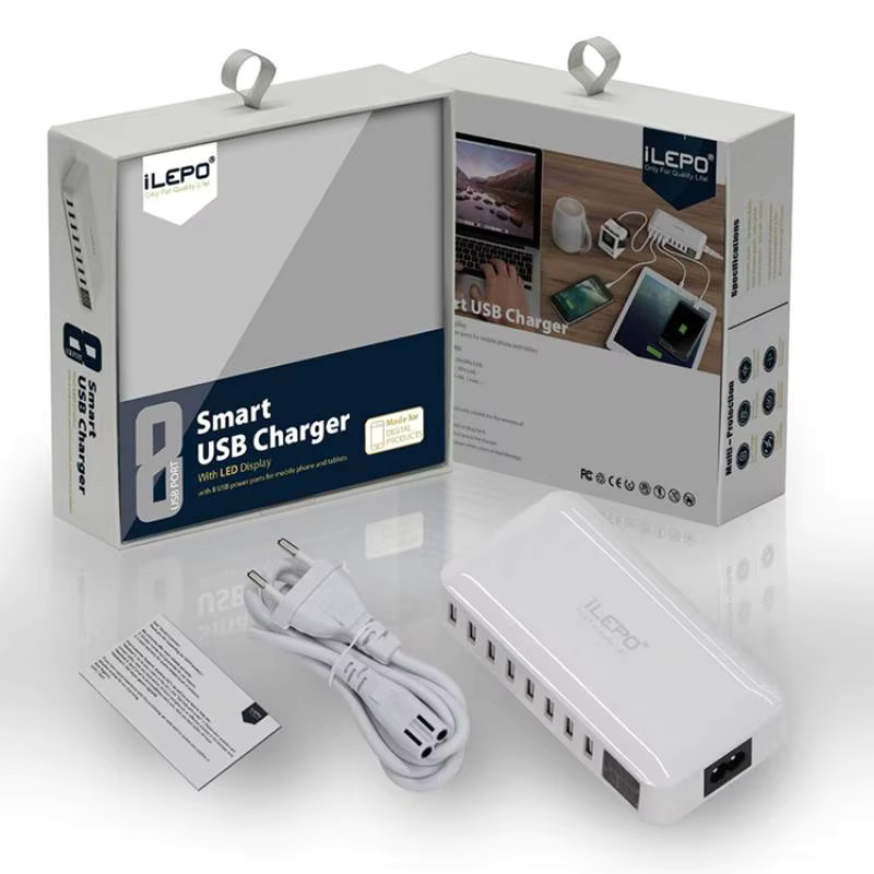 ILEPO 8-Port USB-Schnellladegerät mit 40W QC3.0 Multi-USB-Ladestation und LED-Anzeige in Weiß - Bild 3