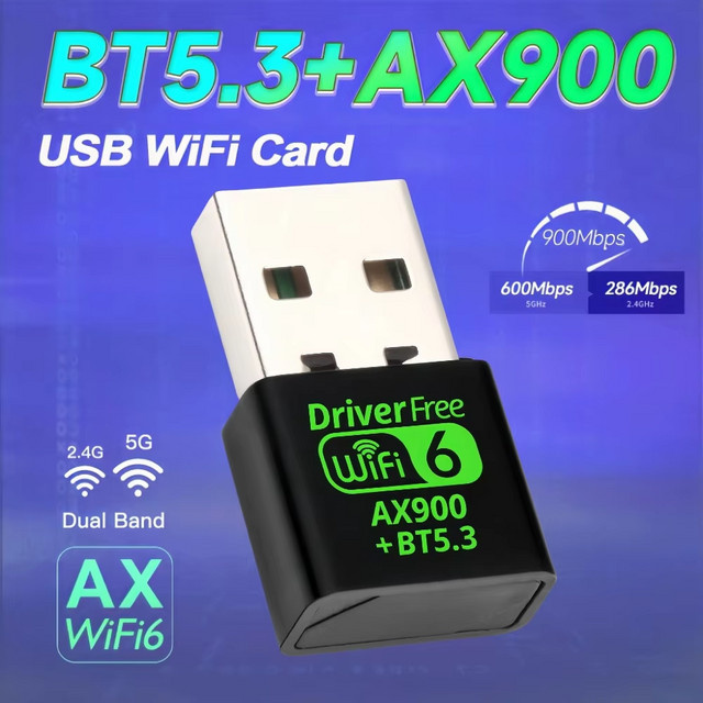 Kebidu WiFi 6 AX900 USB-Adapter mit Bluetooth 5.3, Dual-Band 2,4 GHz & 5 GHz, Schwarz - Bild 1