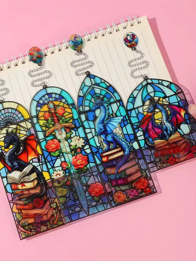 Buntes Glas-Drachen-Lesezeichen aus transparentem Resin im gotischen Design für Schule und Büro - Bild 5