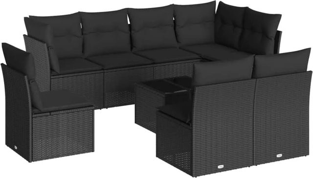vidaXL 9-tlg. Garten-Sofagarnitur in U-Form aus Polyrattan mit Kissen, Schwarz - Bild 1