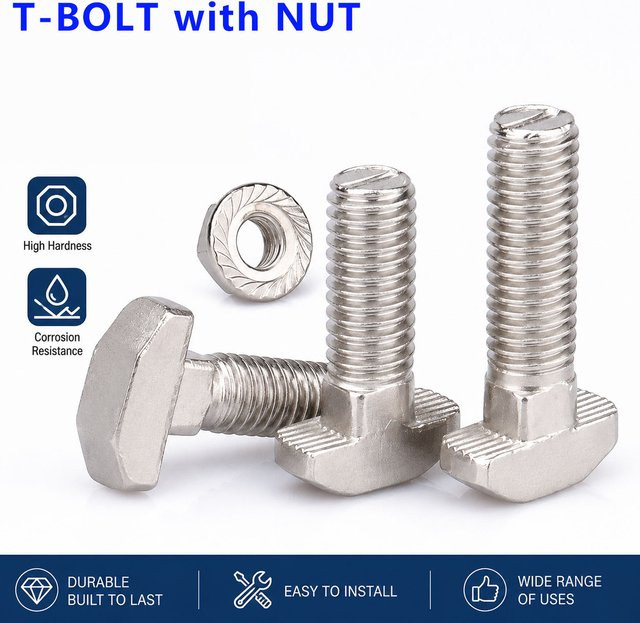 T-förmige Hammerkopf-Schrauben mit Flanschmuttern aus vernickeltem Kohlenstoffstahl für Aluminiumprofile 2020 3030 4040 4545 in Silber, M5 M6 M8 - Bild 1