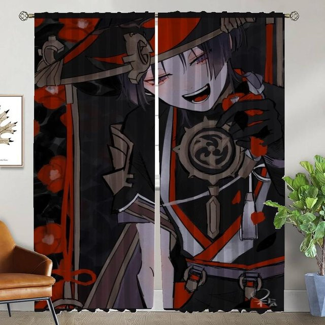 Genshin Impact Fenstervorhang Set mit 2 Paneelen, halbtransparent, schwarz-rot, Breite: 50 cm, Höhe: 70 cm - Bild 1