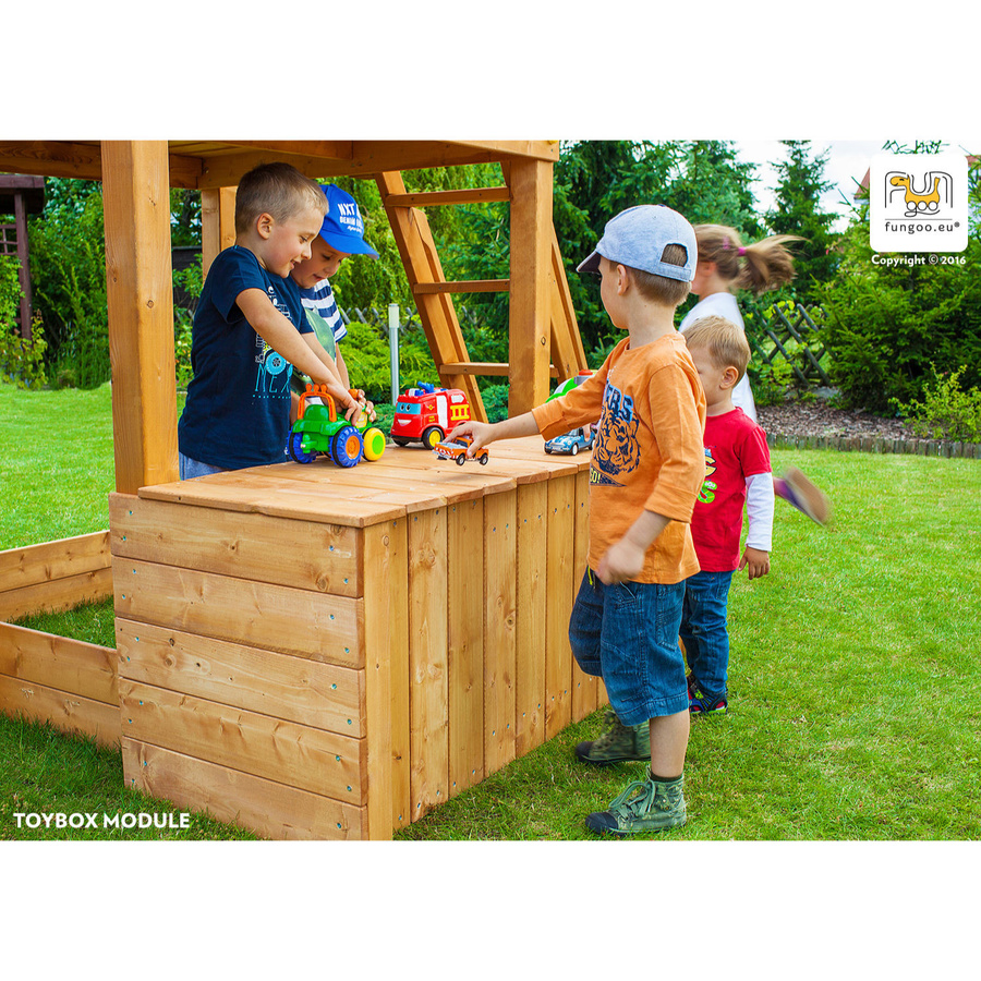 Fungoo Spielturm Fortress Toybox aus Holz in Teak mit Rutsche, Toybox, Holzdach, Leiter, Steuerrad und Kletterwand - Bild 3