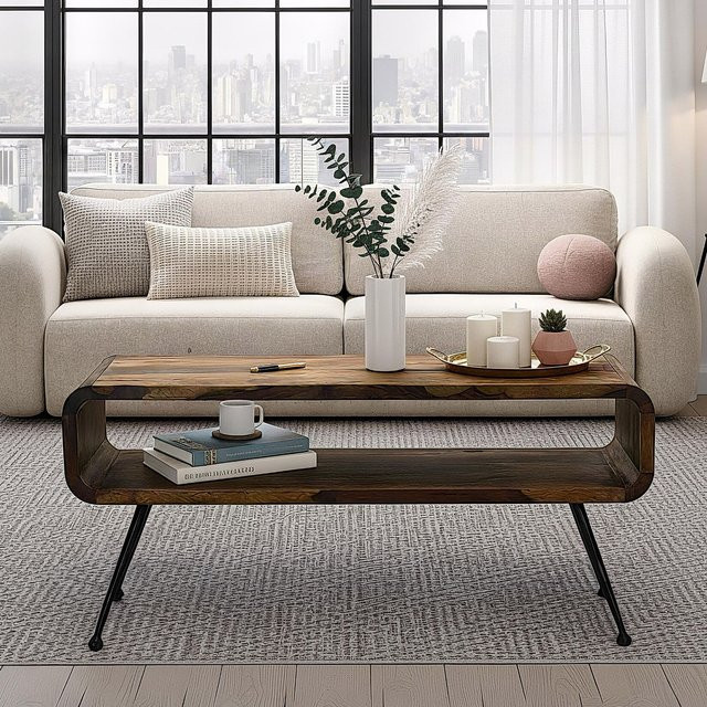 Finebuy Couchtisch aus Sheesham Massivholz in Braun mit Metallbeinen im Industrial Retro Design, Breite: 100 cm, Tiefe: 45 cm, Höhe: 40 cm - Bild 1