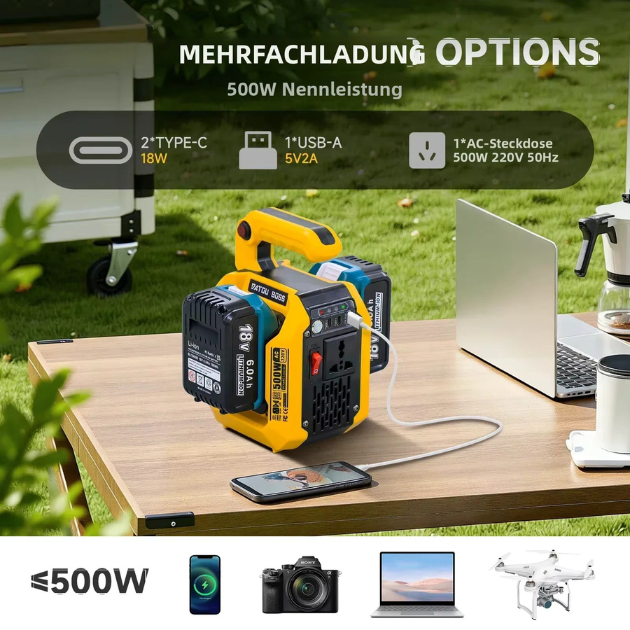 DATOUBOSS Tragbare Powerstation 500W Reiner Sinus-Wechselrichter mit 220V AC-Ausgang, Typ-C PD Schnellladung, 1 USB-A und 2 USB-C Anschlüssen sowie 500 LM LED-Licht in Gelb - Bild 3