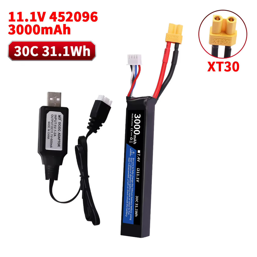 Jiaojiren LiPo Akku 11,1 V 3S 3500mAh 30C mit Tamiya, XT30 oder SM-2P Stecker für elektrische Airsoft BB Pistolen, Schwarz - Bild 3