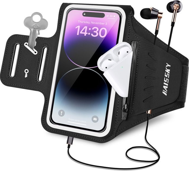 Haissky Reißverschluss-Armbandtasche als Handy-Aufbewahrungstasche für iPhone, Xiaomi und Samsung in Schwarz oder Grün - Bild 1