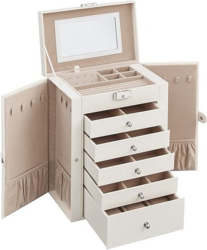 SONGMICS Schmuckkasten mit 6 Ebenen und seitlichen Klapptüren in Weiss aus PU-Material - Bild 1