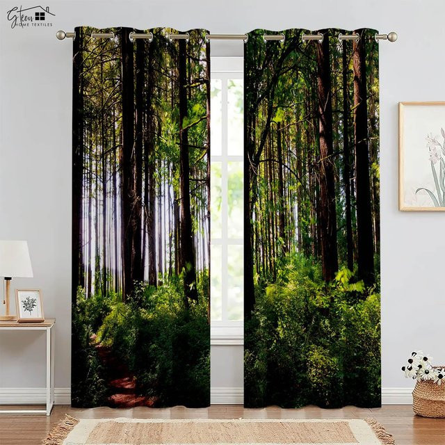 Waldhölzer 3D-gedruckte Vorhänge mit Natur-Motiv Ahornblatt in Grün, semi-transparent, B/H: 50 x 130 cm, 2er-Set mit Ösen - Bild 1