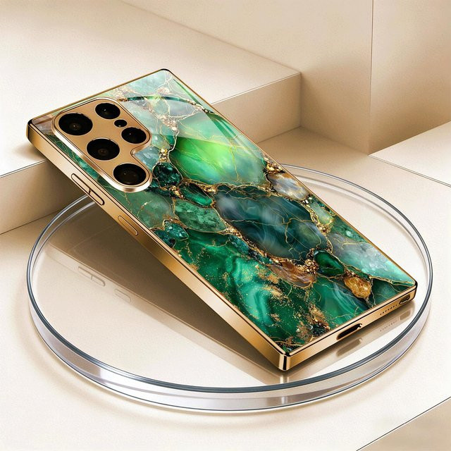 Samsung Handyhülle aus gehärtetem Glas mit Design in Grün-Gold-Mineral für Galaxy S22 Ultra Plus S24 S25 S26 - Bild 1