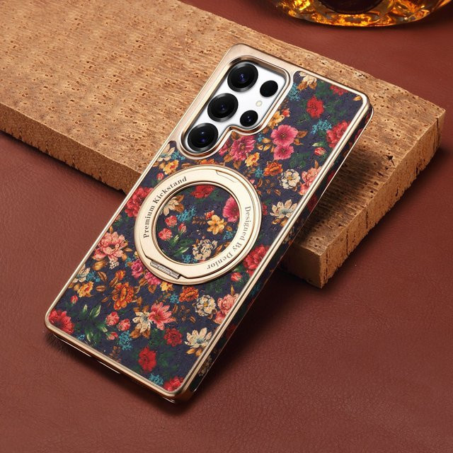 Luxuriöse Handyhülle mit Blumenmuster und drehbarer Halterung für Samsung S23 Ultra, S24, S25 Plus und S26, kabelloses Laden, Multicolor und Rot - Bild 1