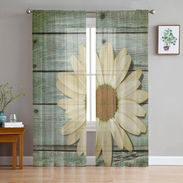 Transparente Voile-Vorhänge mit Gänseblümchen-Blumenmuster in Grau, Breite: 135 cm, Höhe: 115 cm - Bild 1