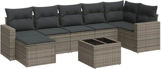 vidaXL 8-tlg. Garten-Sofagarnitur in L-Form aus Poly-Rattan in Grau mit Kissen und Couchtisch - Bild 1