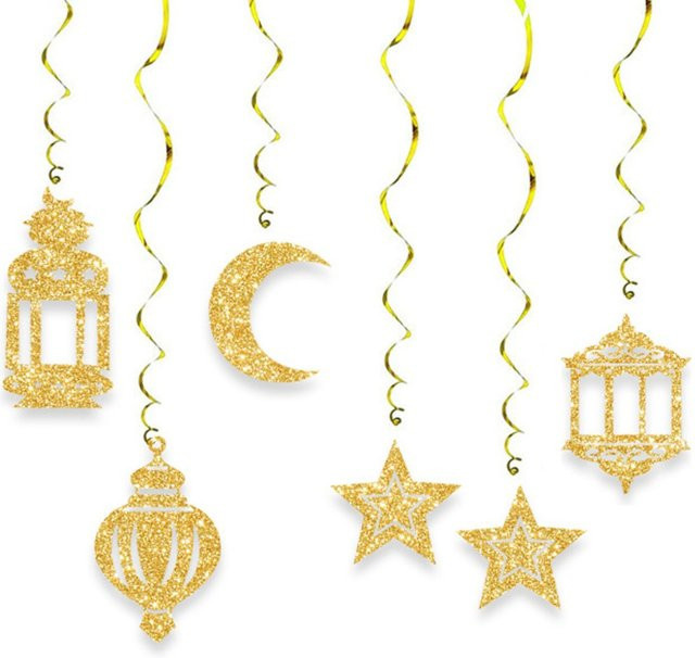 WakaParty 6-teiliges Set Glitter Papier Sterne und Mond Girlande in Gold für Ramadan Kareem und Eid Mubarak Dekorationen - Bild 1