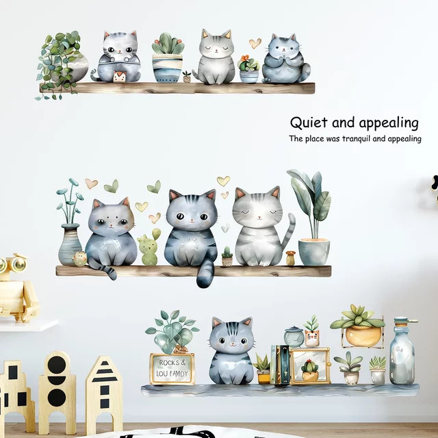 2er Set BRUP Wandtattoos mit niedlichen Katzen und Blumentöpfen in Multicolour für Kinderzimmer und Wohnzimmer - Bild 1