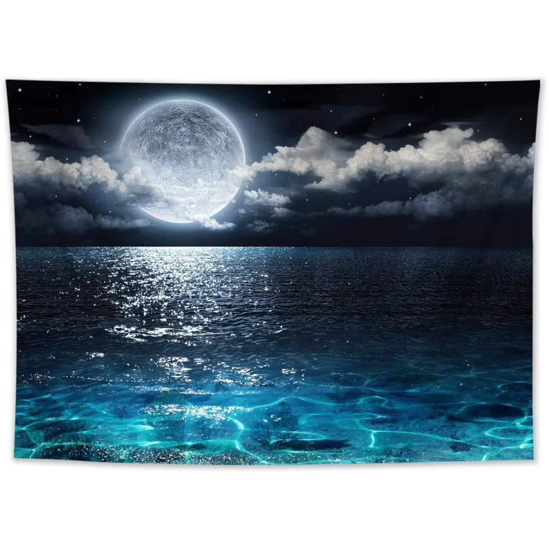 VIKAMA Wandteppich mit blauem Meeresnachthimmel und Mond über dem Ozean, Boho-Landschaft als Wanddekoration - Bild 4