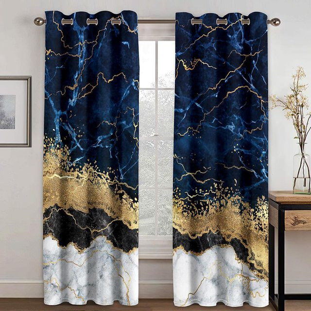 Yiran Furniture 2-teiliger Verdunkelungsvorhang mit Marmor-Design in Blau und Schwarz, Breite: 100 cm, Höhe: 130 cm - Bild 1