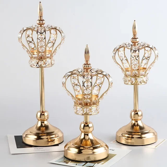 Goldener Kristall-Kronen-Kerzenhalter aus Metall im europäischen Stil für Hochzeit und Tischdekoration - Bild 1