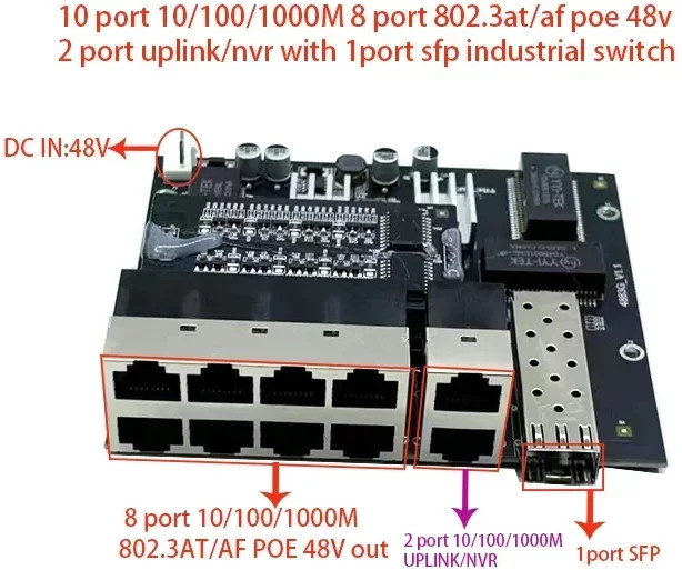 ANDDEAR Industrial Switch Modul in Schwarz mit 10 Ports 1000/802.3m, 8 Ports 802.3at/af PoE In/Out 48V, 2 Ports Uplink und 1 Port SFP für NVR - Bild 1