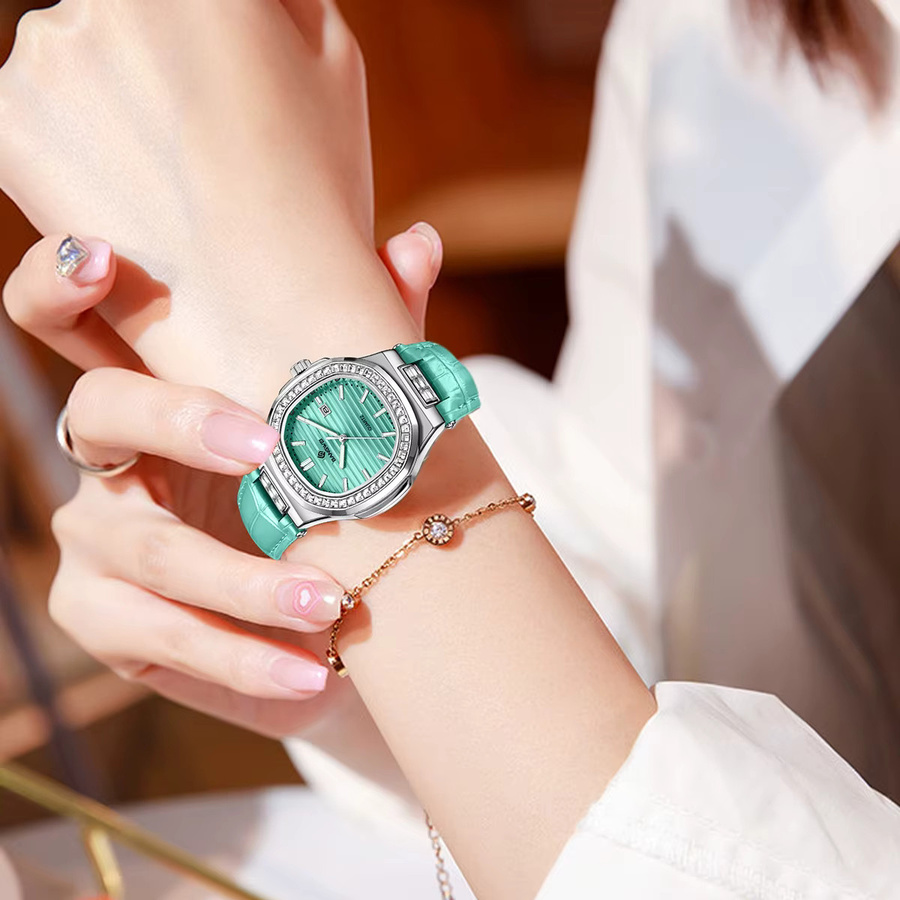 BANGWEI Armbanduhr, Quarz, Tonneau, Diamantbesetzt, Leder, Damen - Bild 4